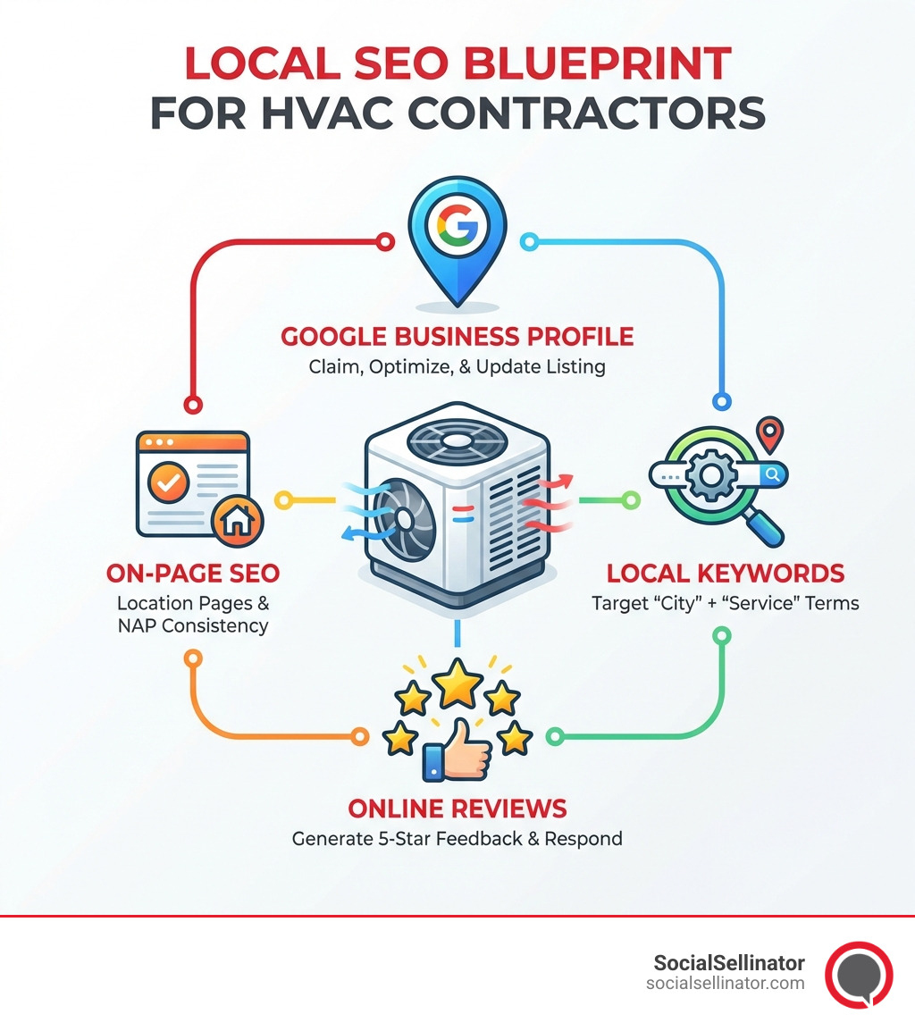 Infographic showing the local SEO blueprint for HVAC contractors with four connected pillars: a map pin icon representing Google Business Profile, a magnifying glass icon for local keywords, star icons for reviews, and a webpage icon for on-page SEO, all surrounding a central HVAC unit icon - local seo hvac contractors infographic 