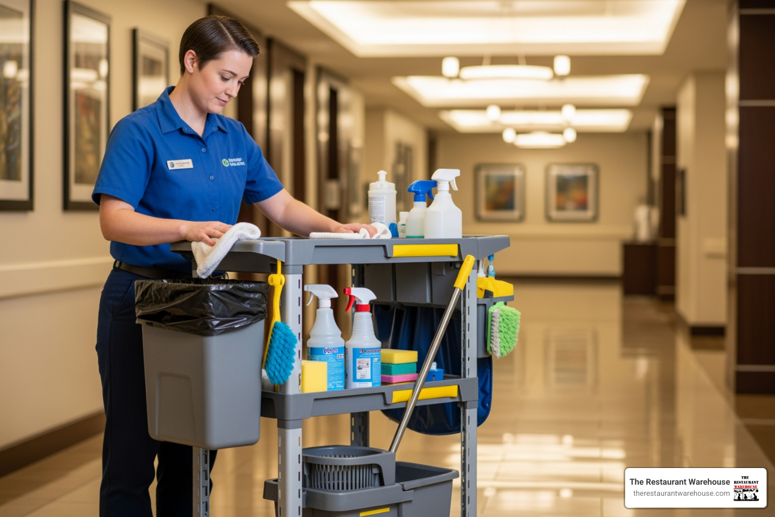 Staff member wiping down and maintaining a janitorial cart - Janitorial cleaning carts