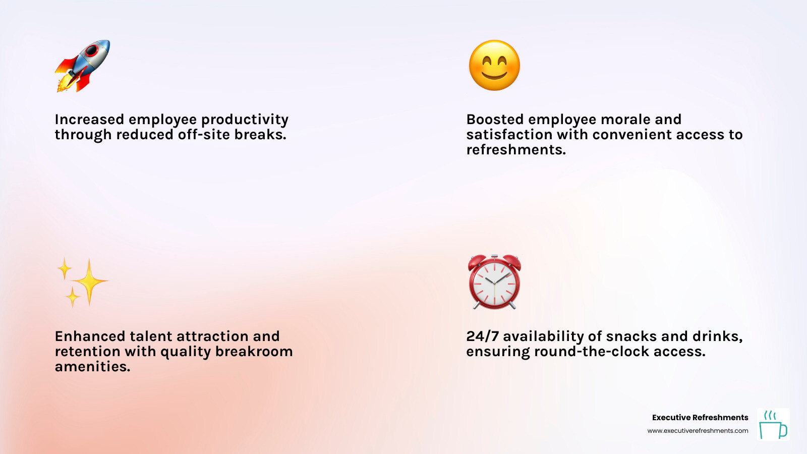 Infographic showing the benefits of modern vending services: increased employee productivity through reduced off-site breaks, improved morale from convenient access to food and beverages, enhanced workplace culture with varied refreshment options, cost savings from keeping employees on-site, talent attraction and retention through quality breakroom amenities, and 24/7 availability ensuring round-the-clock access to refreshments - Lancaster vending machines infographic 4_facts_emoji_light-gradient Infographic showing the benefits of modern vending services: increased employee productivity through reduced off-site breaks, improved morale from convenient access to food and beverages, enhanced workplace culture with varied refreshment options, cost savings from keeping employees on-site, talent attraction and retention through quality breakroom amenities, and 24/7 availability ensuring round-the-clock access to refreshments - Lancaster vending machines infographic 4_facts_emoji_light-gradient