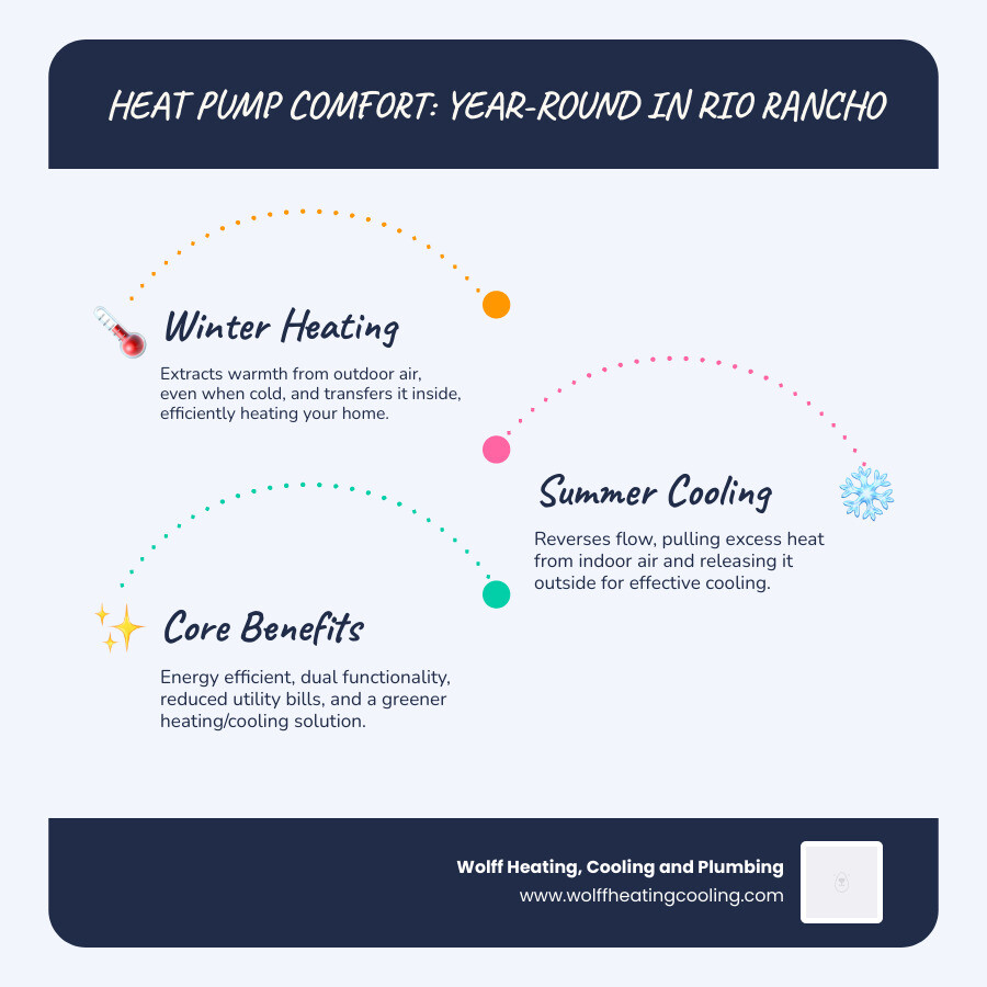 infographic showing how heat pumps provide year-round comfort by extracting heat from outside air in winter and reversing the process in summer, with key benefits including energy efficiency, dual functionality, and lower utility bills for Rio Rancho homeowners - best heat pump installation in rio rancho, nm infographic infographic-line-3-steps-blues-accent_colors infographic showing how heat pumps provide year-round comfort by extracting heat from outside air in winter and reversing the process in summer, with key benefits including energy efficiency, dual functionality, and lower utility bills for Rio Rancho homeowners - best heat pump installation in rio rancho, nm infographic infographic-line-3-steps-blues-accent_colors