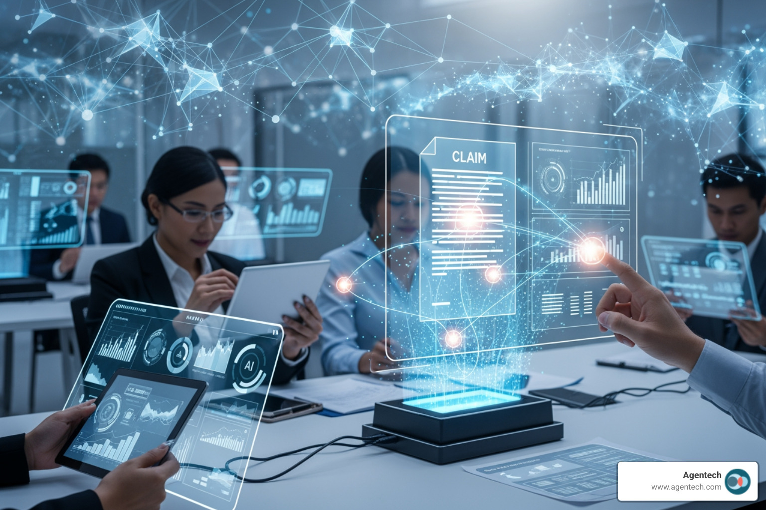 Diagram showing data inputs (photos, documents, reports) flowing into an AI engine and producing structured outputs (triage, fraud alerts, settlement recommendations) - AI-powered claims processing