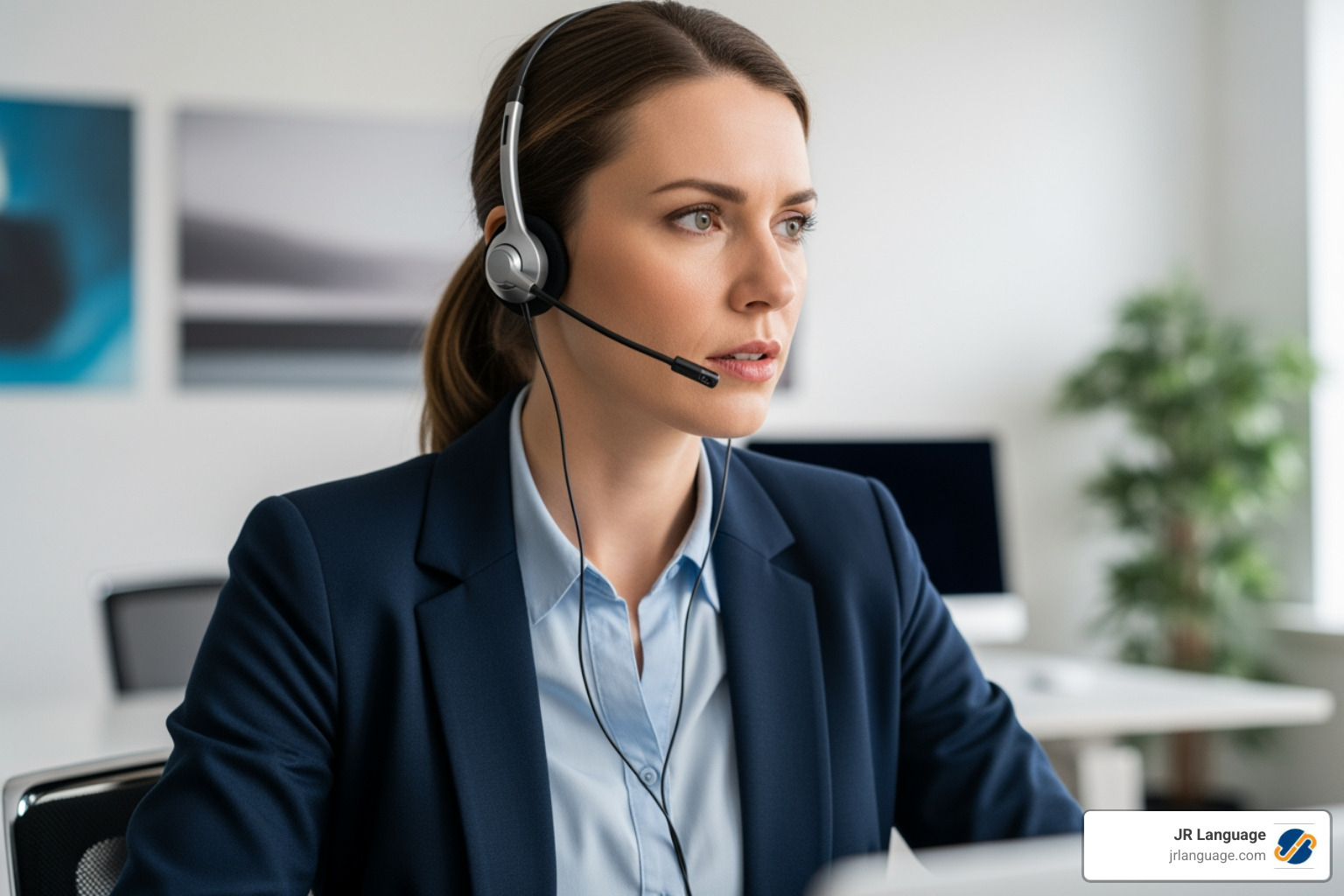 professional interpreter with a headset looking focused - interpretation services professional interpreter with a headset looking focused - interpretation services