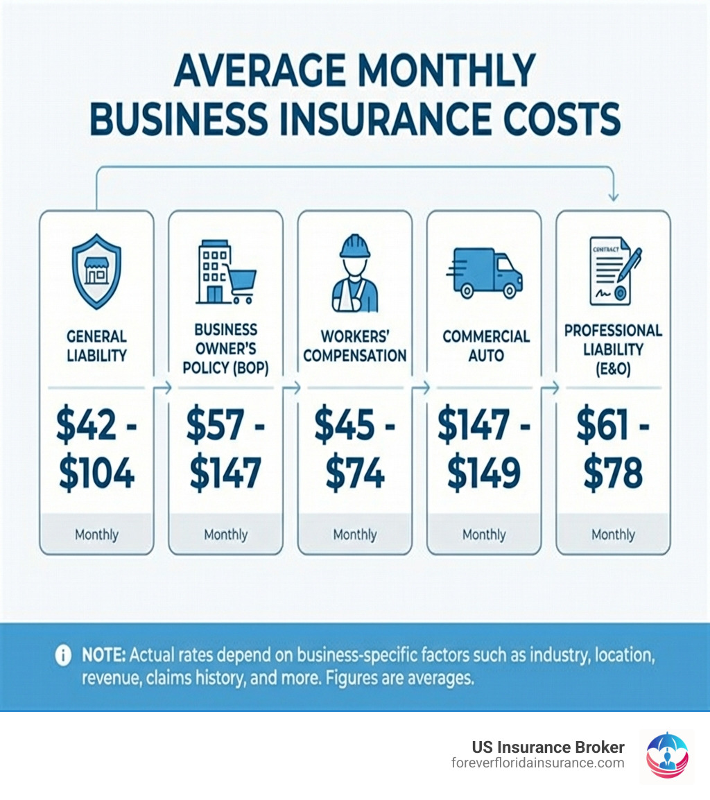 Infographic showing a breakdown of average monthly business insurance costs by policy type: General Liability ($42-$104), Business Owner's Policy ($57-$147), Workers' Compensation ($45-$74), Commercial Auto ($147-$149), and Professional Liability ($61-$78), with icons representing each coverage type and a note that actual rates depend on business-specific factors - average business insurance rates infographic Infographic showing a breakdown of average monthly business insurance costs by policy type: General Liability ($42-$104), Business Owner's Policy ($57-$147), Workers' Compensation ($45-$74), Commercial Auto ($147-$149), and Professional Liability ($61-$78), with icons representing each coverage type and a note that actual rates depend on business-specific factors - average business insurance rates infographic