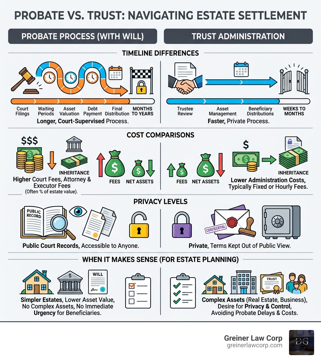 Infographic comparing probate process with will versus trust administration, showing timeline differences, cost comparisons, privacy levels, and when each option makes sense for estate planning - probate and trust attorney infographic 
