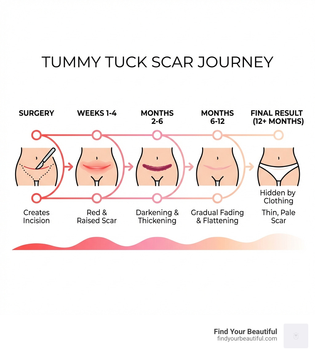 infographic showing tummy tuck scar journey: surgery creates incision, weeks 1-4 show red raised scar, months 2-6 show darkening and thickening, months 6-12 show gradual fading and flattening, final result shows thin pale scar that can be hidden by clothing - tummy tuck scars infographic 