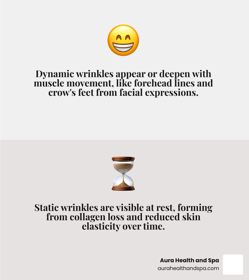 infographic explaining the difference between dynamic wrinkles (caused by muscle movement) and static wrinkles (present at rest), highlighting the forehead and eye areas. - botox forehead and crow's feet infographic 2_facts_emoji_grey