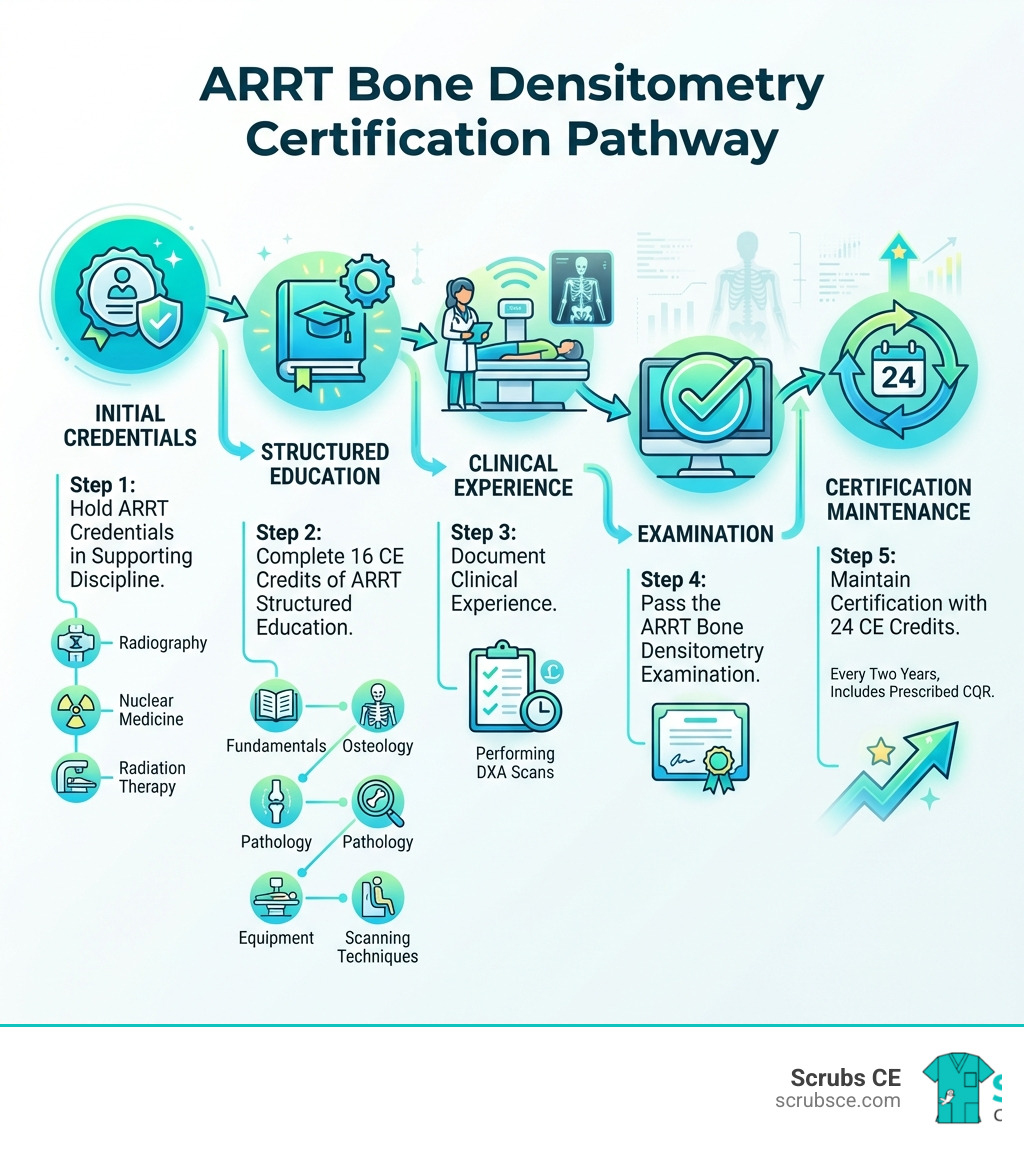 Infographic showing the pathway to ARRT Bone Densitometry certification: Step 1 - Hold ARRT credentials in a supporting discipline (Radiography, Nuclear Medicine, or Radiation Therapy). Step 2 - Complete 16 CE credits of ARRT Structured Education covering fundamentals, osteology, pathology, equipment, and scanning techniques. Step 3 - Document clinical experience performing DXA scans. Step 4 - Pass the ARRT Bone Densitometry examination. Step 5 - Maintain certification with 24 CE credits every two years, including any prescribed CQR requirements. - Bone Densitometry CE infographic Infographic showing the pathway to ARRT Bone Densitometry certification: Step 1 - Hold ARRT credentials in a supporting discipline (Radiography, Nuclear Medicine, or Radiation Therapy). Step 2 - Complete 16 CE credits of ARRT Structured Education covering fundamentals, osteology, pathology, equipment, and scanning techniques. Step 3 - Document clinical experience performing DXA scans. Step 4 - Pass the ARRT Bone Densitometry examination. Step 5 - Maintain certification with 24 CE credits every two years, including any prescribed CQR requirements. - Bone Densitometry CE infographic