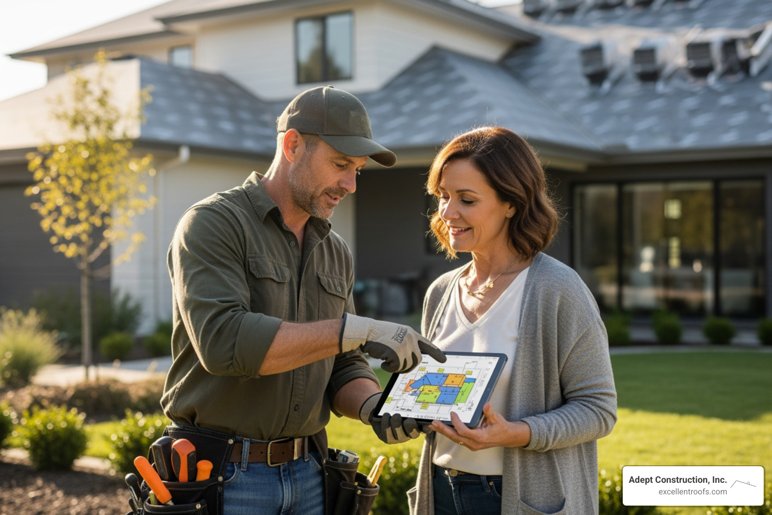 roofer and a homeowner reviewing project details on a tablet - family owned roofing company