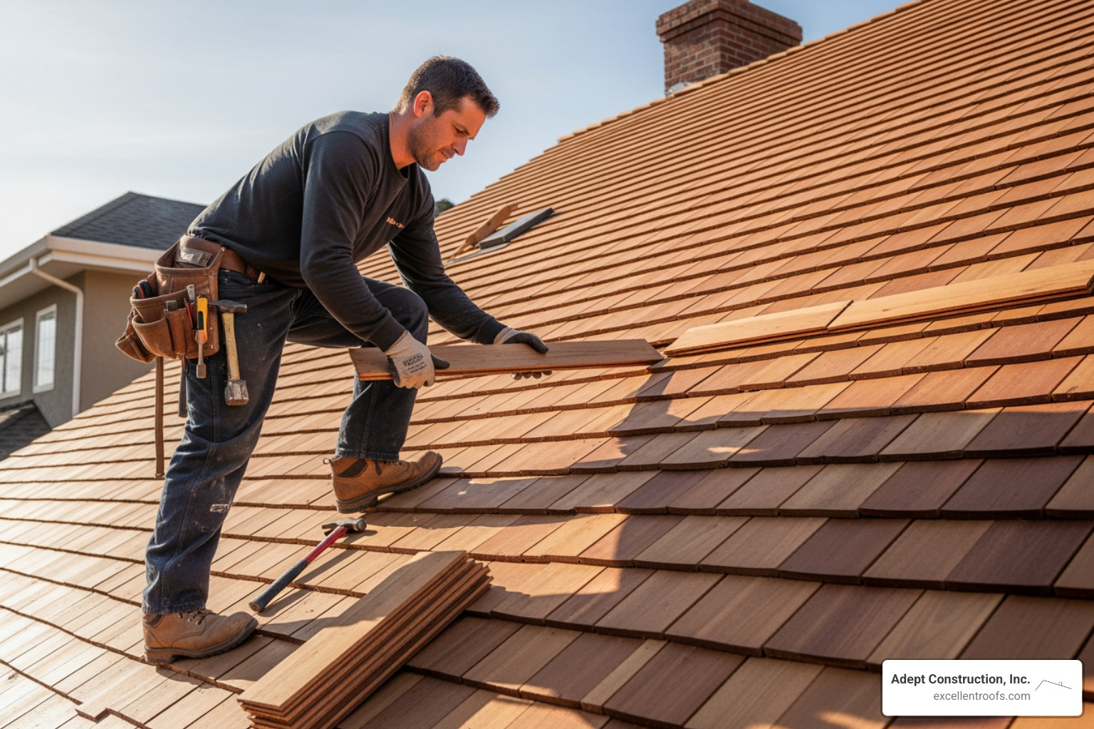 master roofer carefully installing a cedar shake shingle - family owned roofing company