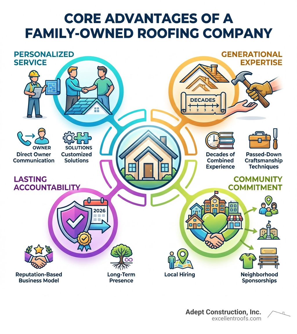 Infographic showing the core advantages of a family owned roofing company: Personalized Service with direct owner communication and customized solutions, Generational Expertise including decades of combined experience and passed-down craftsmanship techniques, Community Commitment through local hiring and neighborhood sponsorships, and Lasting Accountability with reputation-based business model and long-term presence - family owned roofing company infographic 