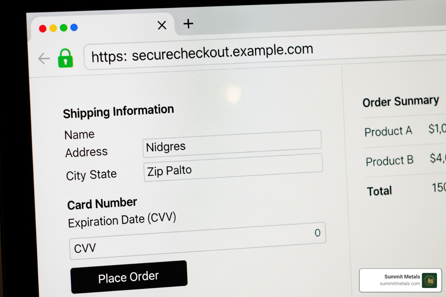 Secure website checkout page with a prominent lock icon and "https" in the URL bar - gold and silver online shopping