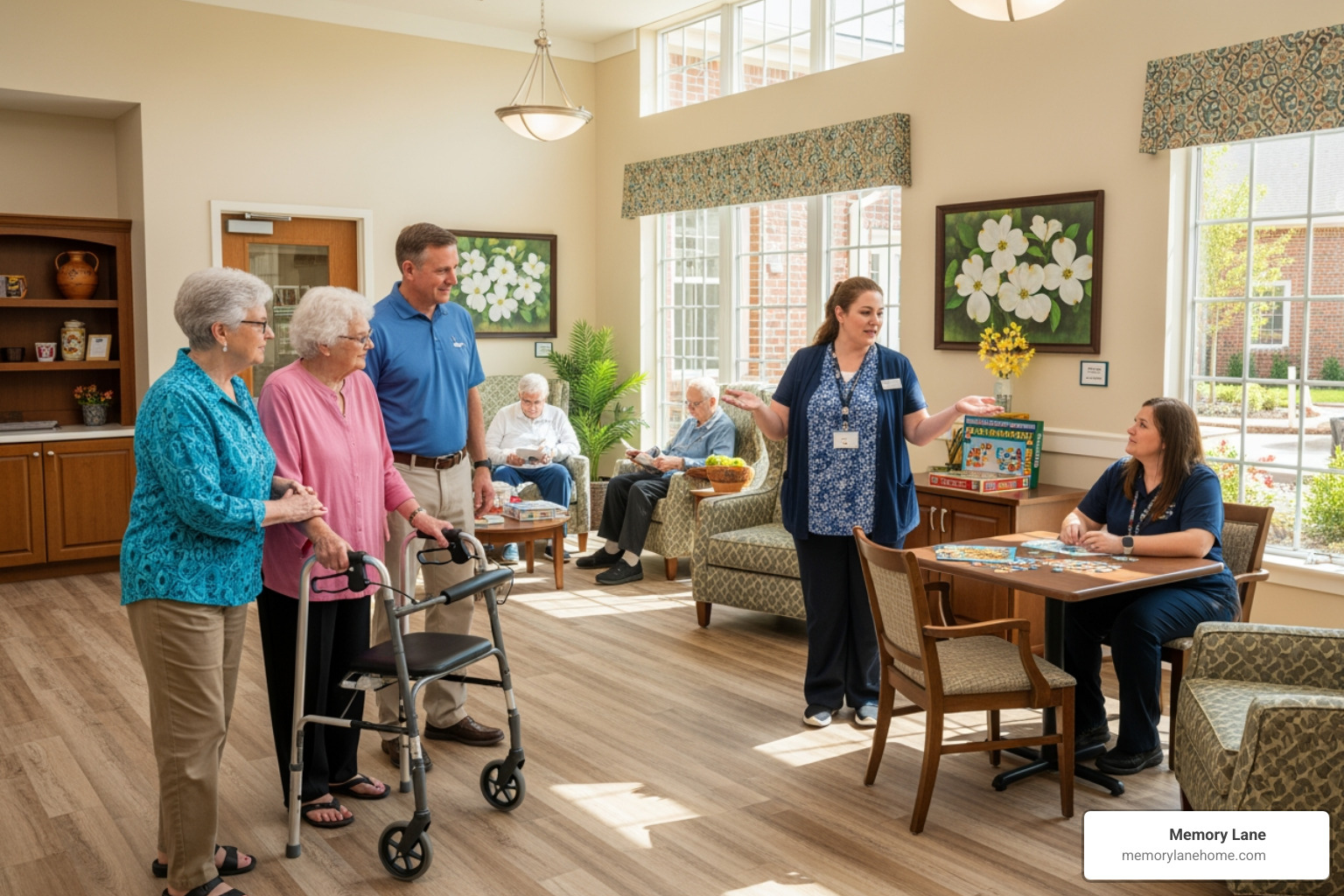 family touring a clean and bright memory care facility in georgia - Memory Care Georgia