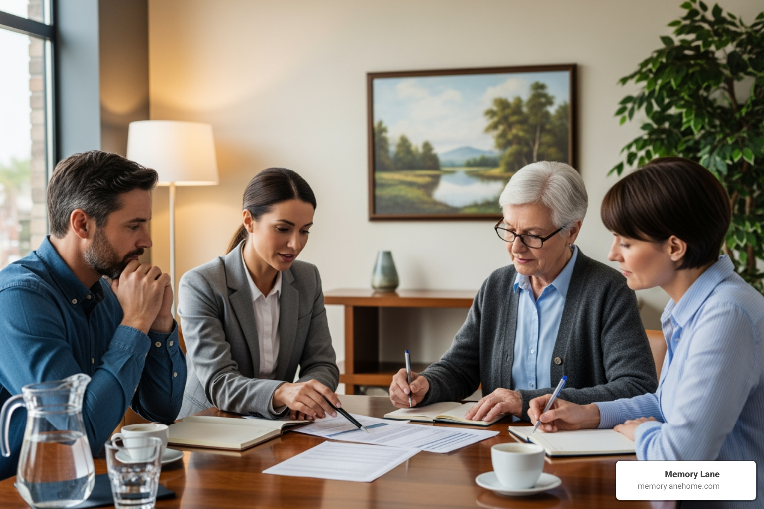 family discussing finances with memory care georgia advisor - Memory Care Georgia