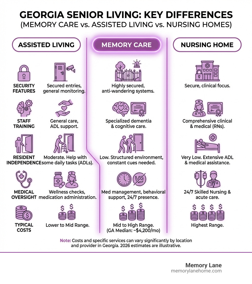 infographic showing the key differences between memory care, assisted living, and nursing homes in georgia, including security features, staff training, resident independence levels, medical oversight, and typical costs - Memory Care Georgia infographic 