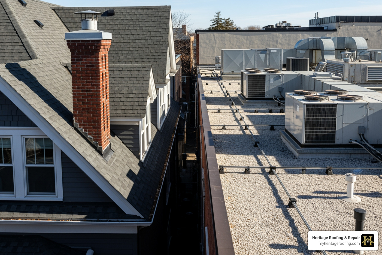 steep-pitched residential roof with gables next to a low-slope commercial roof with HVAC units - residential & commercial roofing