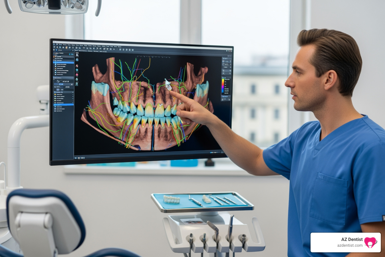 A dental professional is using advanced 3D imaging software to review a patient's jawbone structure on a monitor, highlighting the precision needed for dental implant planning. - cost of dental implants A dental professional is using advanced 3D imaging software to review a patient's jawbone structure on a monitor, highlighting the precision needed for dental implant planning. - cost of dental implants