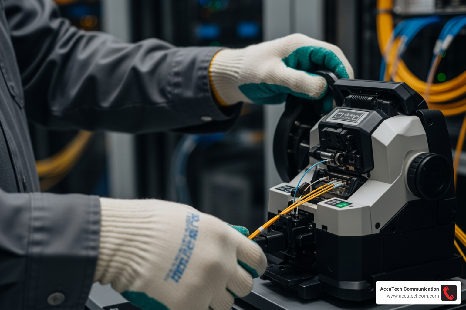 technician using a fusion splicer on fiber optic cables - fiber optic network technician