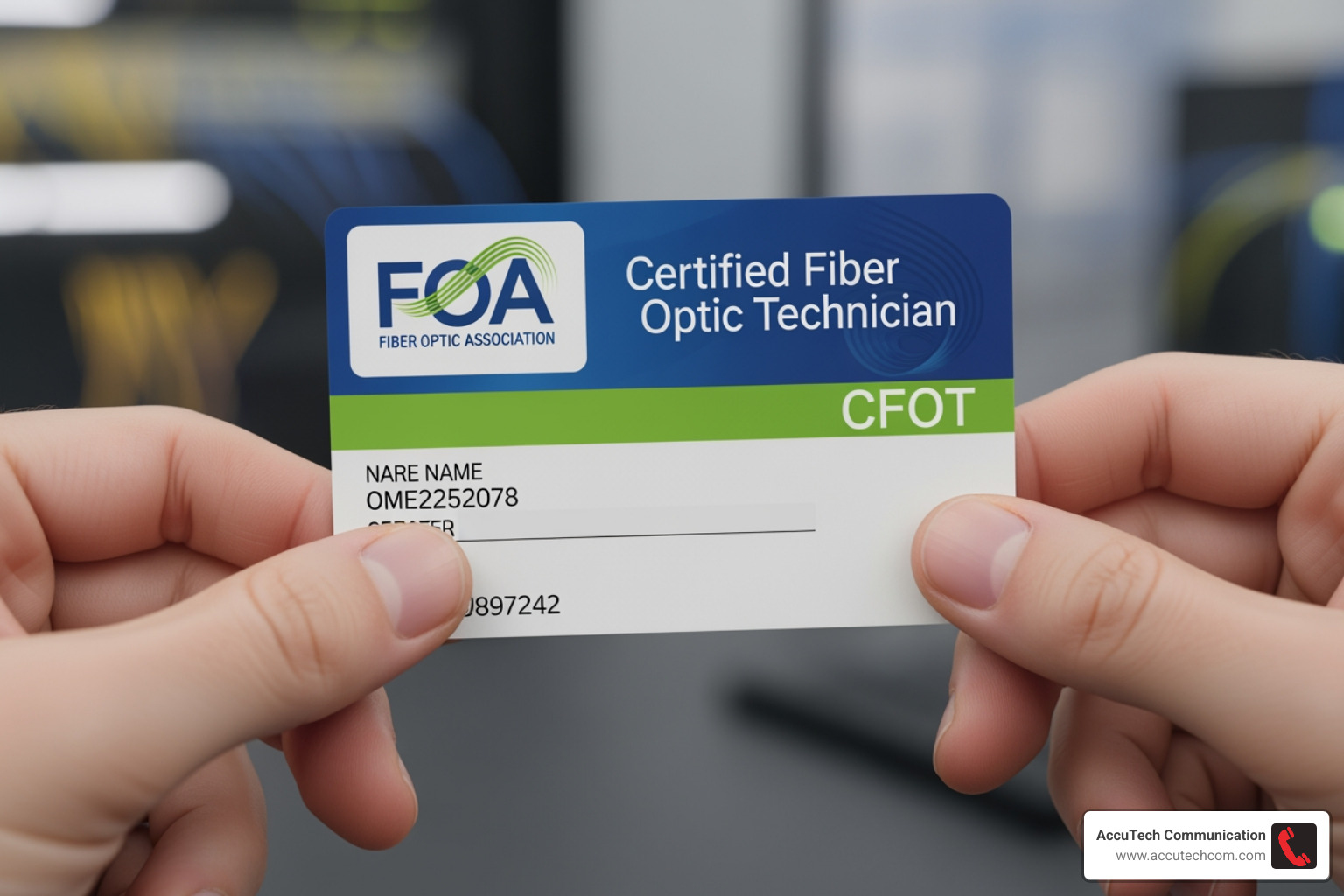 technician holding a CFOT certification card - fiber optic network technician