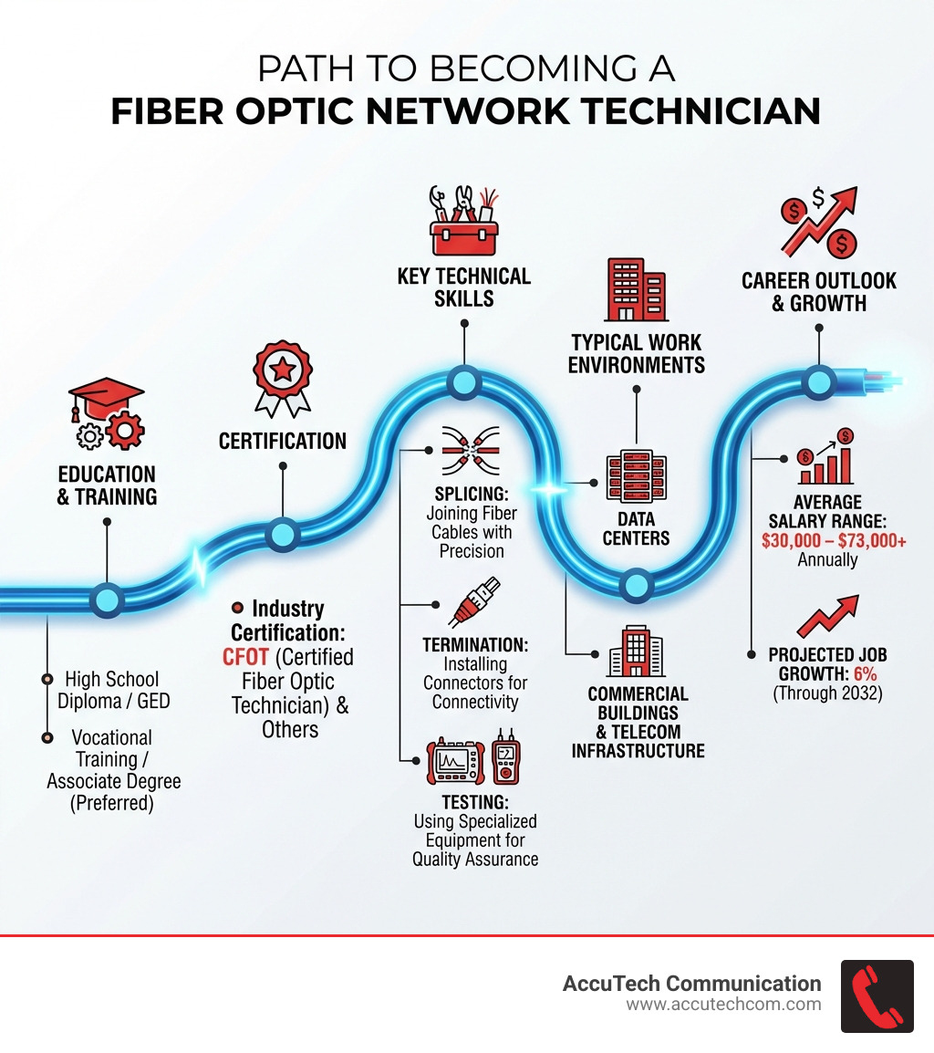 infographic showing the path to becoming a fiber optic network technician including education requirements high school diploma or vocational training certification options like CFOT key technical skills including splicing termination and testing typical work environments such as data centers and commercial buildings average salary ranges from $30,000 to $73,000 and projected job growth of 6 percent through 2032 - fiber optic network technician infographic 