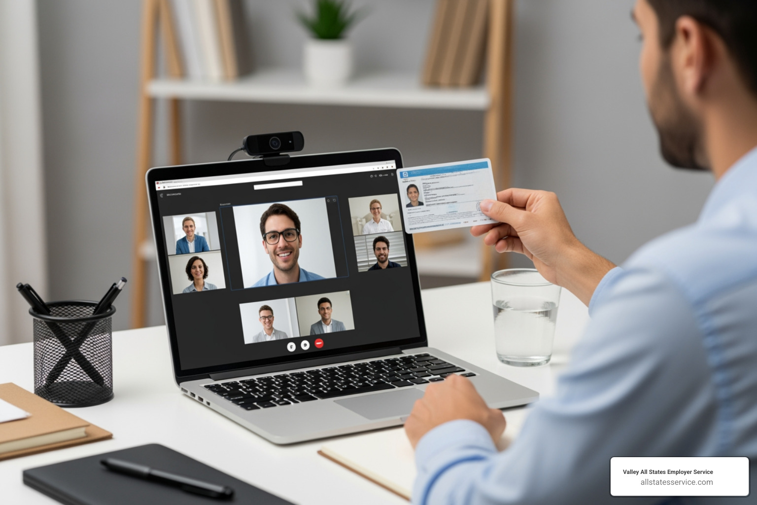 A person conducting a remote I-9 verification via video call, showing documents to the camera - employment eligibility verification department of homeland security