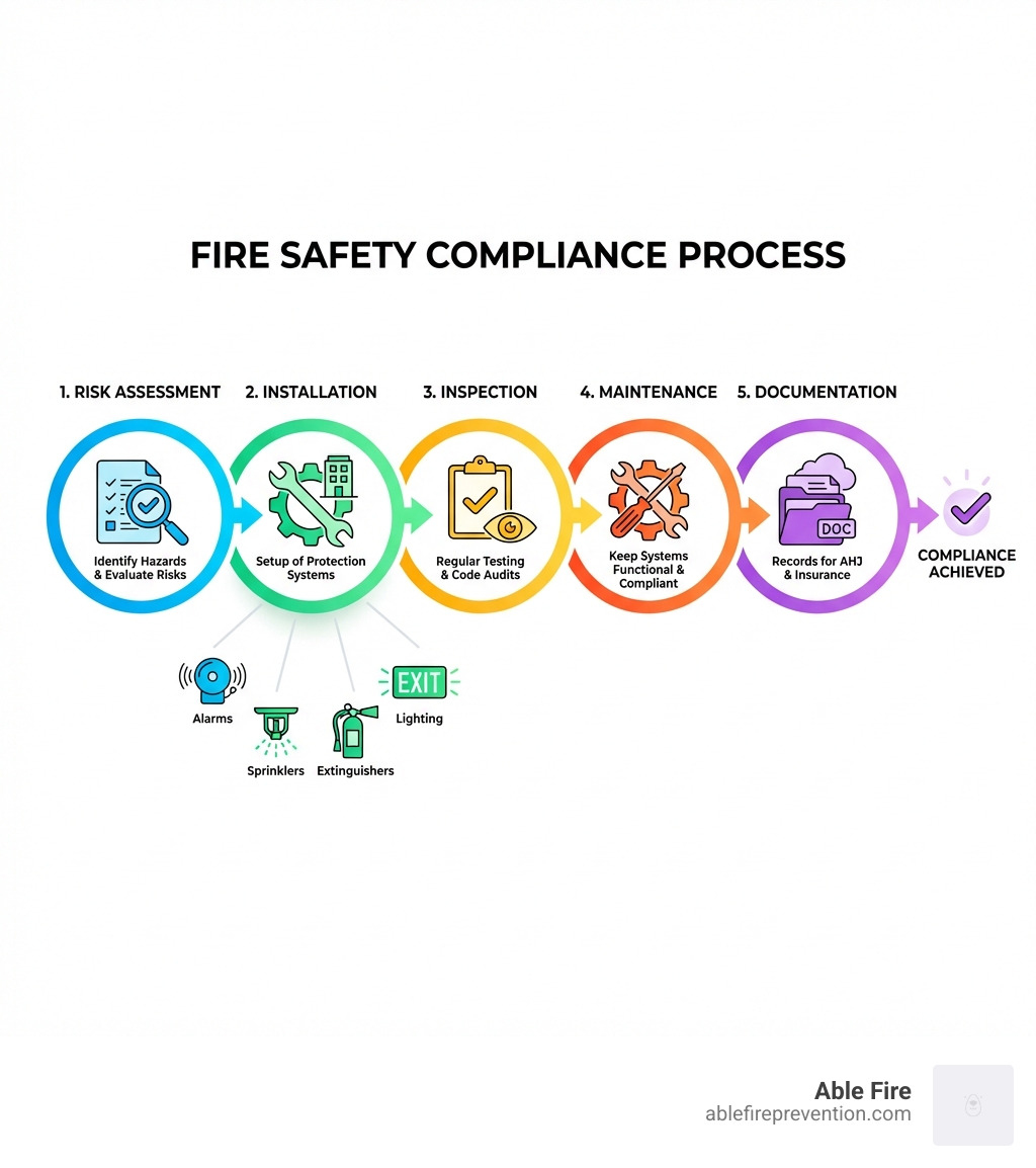 infographic showing the fire safety compliance process from risk assessment through installation, inspection, maintenance, and documentation, with icons representing fire alarms, sprinklers, extinguishers, and emergency lighting systems - fire safety compliance services infographic infographic showing the fire safety compliance process from risk assessment through installation, inspection, maintenance, and documentation, with icons representing fire alarms, sprinklers, extinguishers, and emergency lighting systems - fire safety compliance services infographic