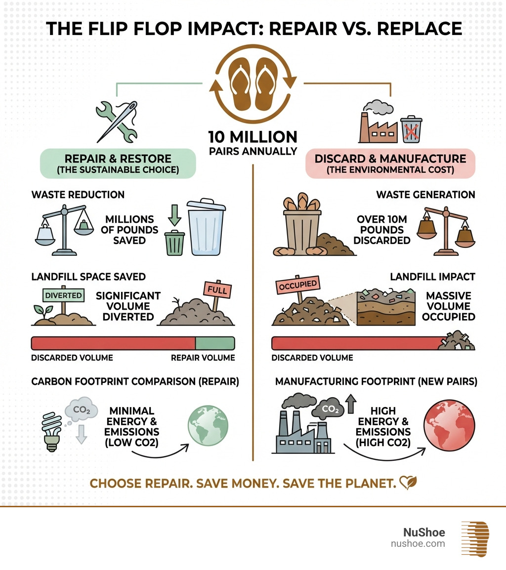 infographic showing the environmental impact of repairing 10 million flip flops annually versus discarding them, including waste reduction in pounds, landfill space saved, and carbon footprint comparison between repair and manufacturing new pairs - Flip flop repair infographic 
