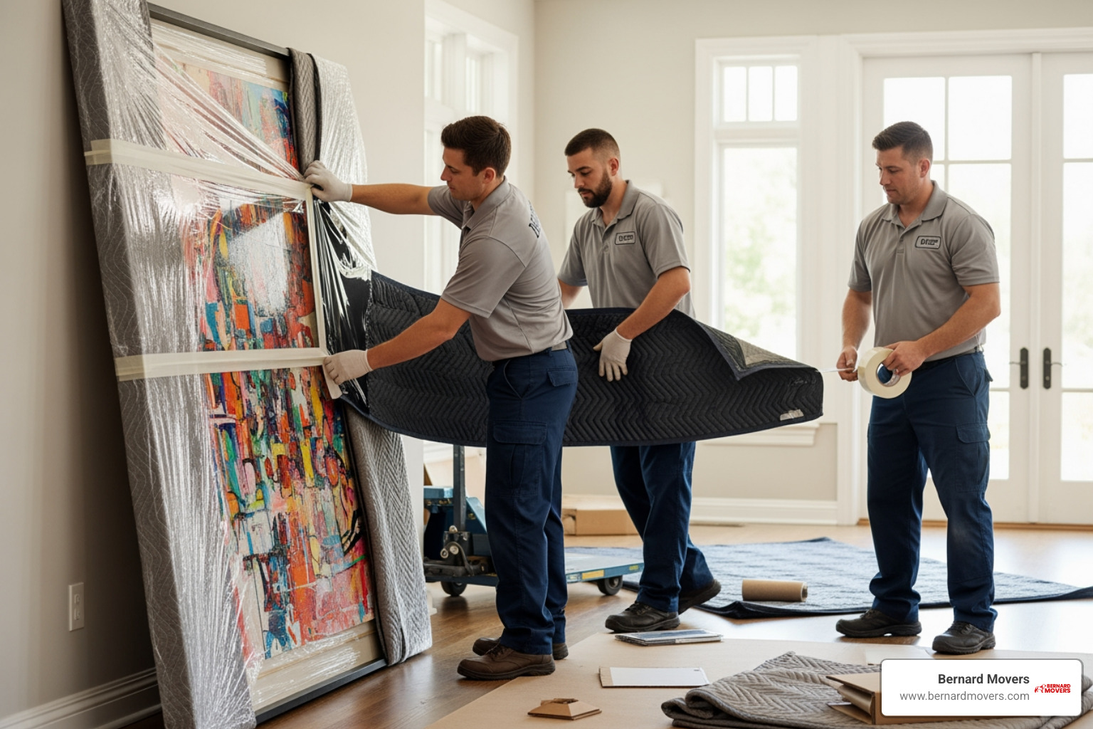 professional movers carefully wrapping a large piece of art - Movers Chicago area
