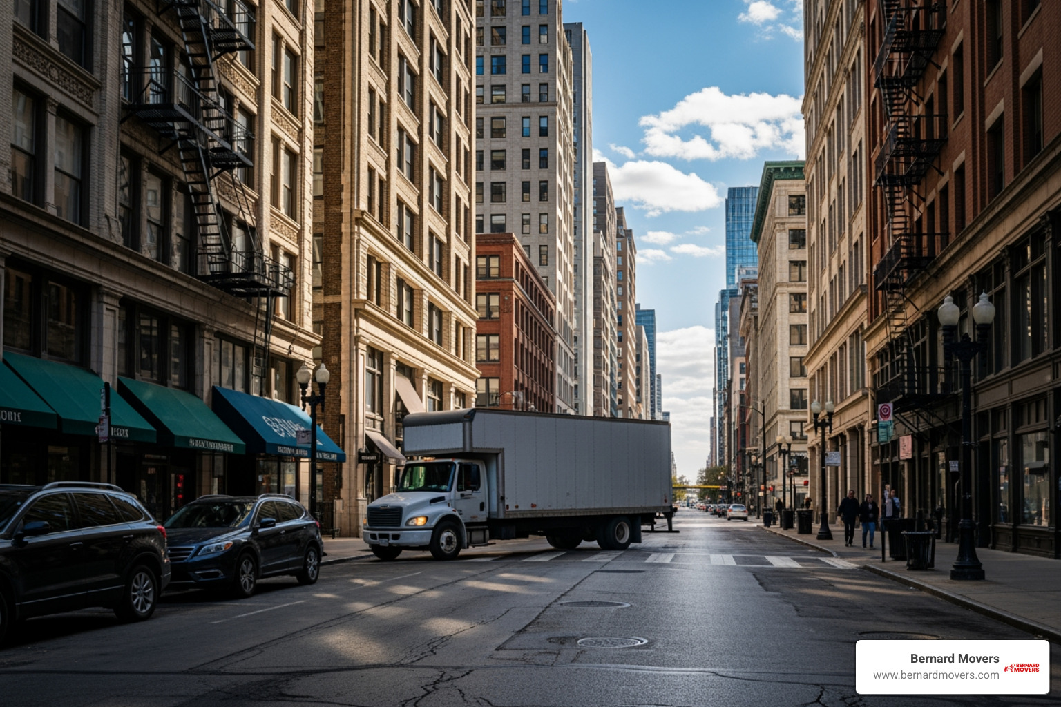 moving truck navigating a narrow Chicago street - Movers Chicago area