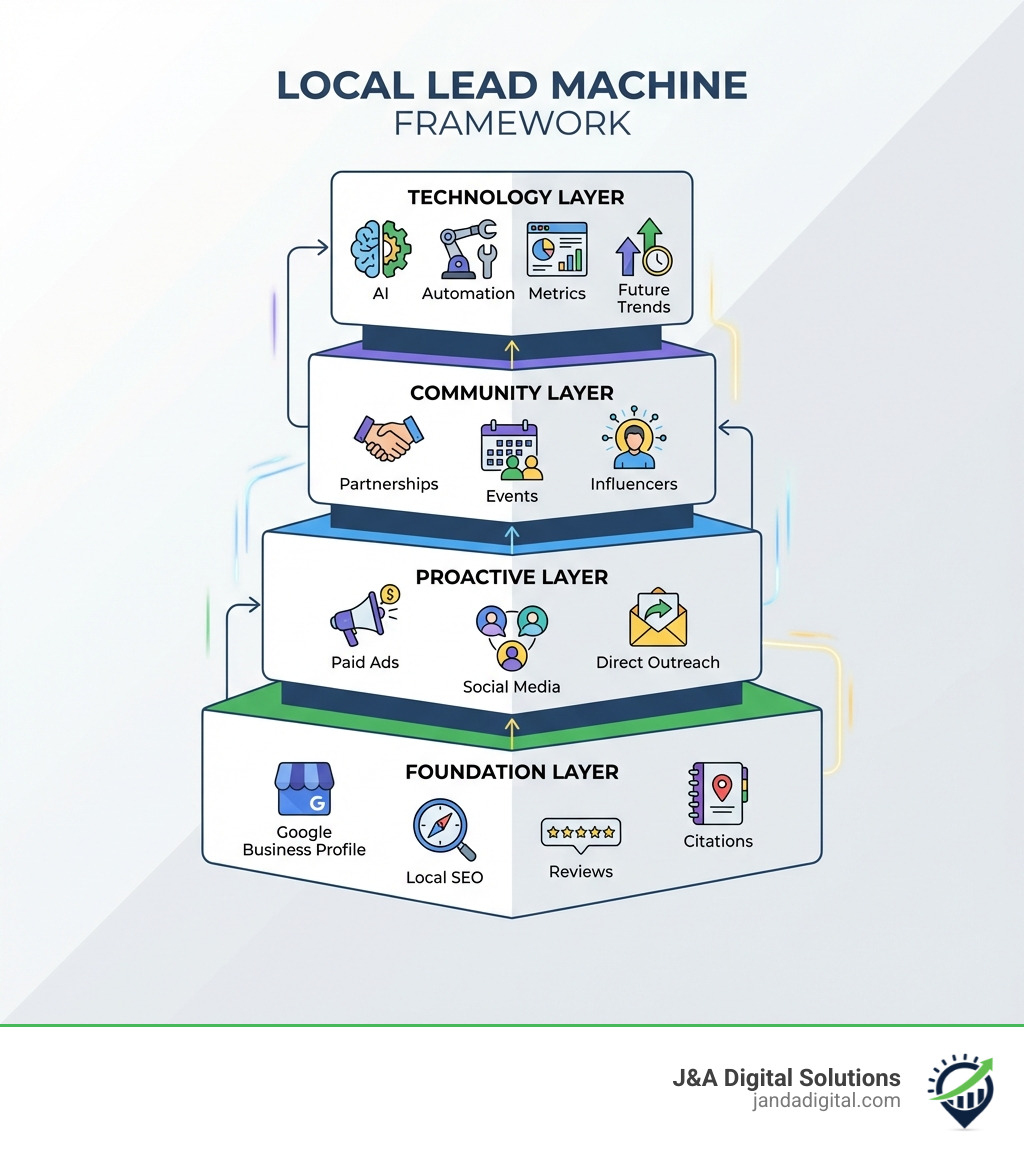 Infographic showing the Local Lead Machine framework: Foundation layer (Google Business Profile, Local SEO, Reviews, Citations), Proactive layer (Paid Ads, Social Media, Direct Outreach), Community layer (Partnerships, Events, Influencers), and Technology layer (AI, Automation, Metrics, Future Trends) - local lead gen infographic 