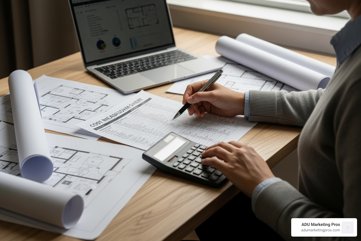 A person reviewing a cost breakdown sheet for an ADU project with a calculator and blueprints on the table. - Detached ADU construction