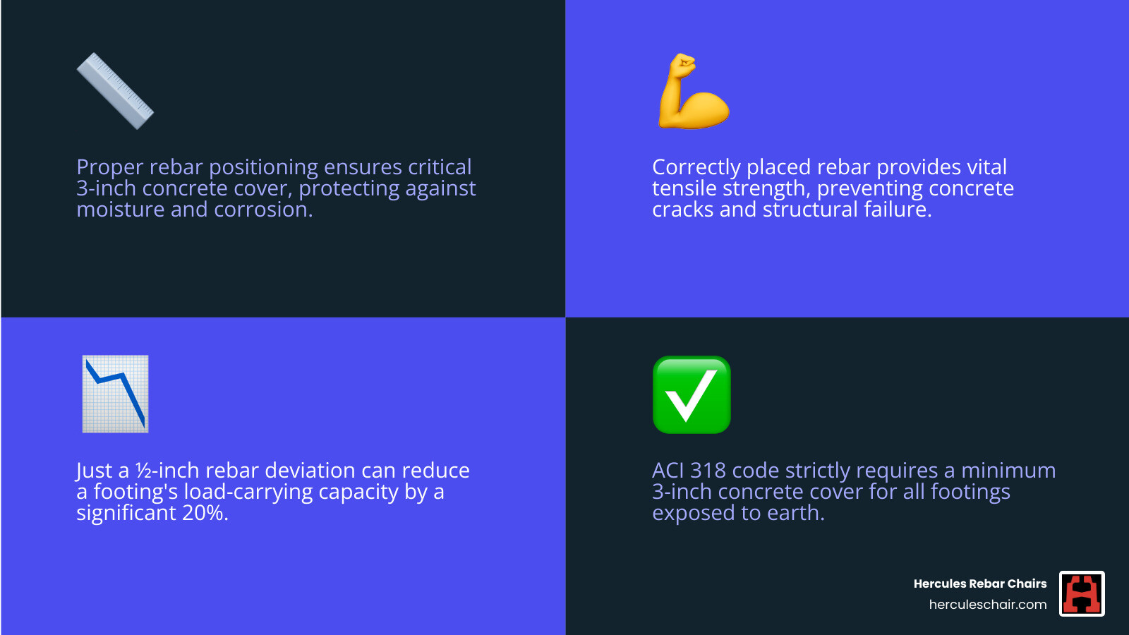 infographic comparing a concrete footing cross-section with properly supported rebar showing correct 3-inch cover and even stress distribution versus improperly placed rebar sitting on ground showing corrosion zones, reduced cover, uneven stress points, and potential crack locations - rebar footing support infographic 4_facts_emoji_blue