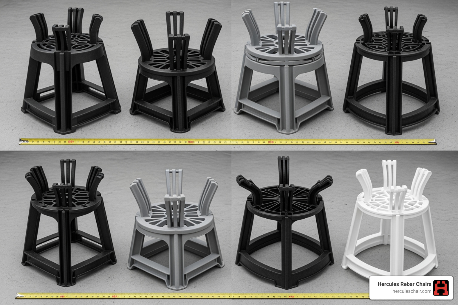side-by-side comparison of Hercules plastic rebar chairs in different sizes and configurations - rebar footing support