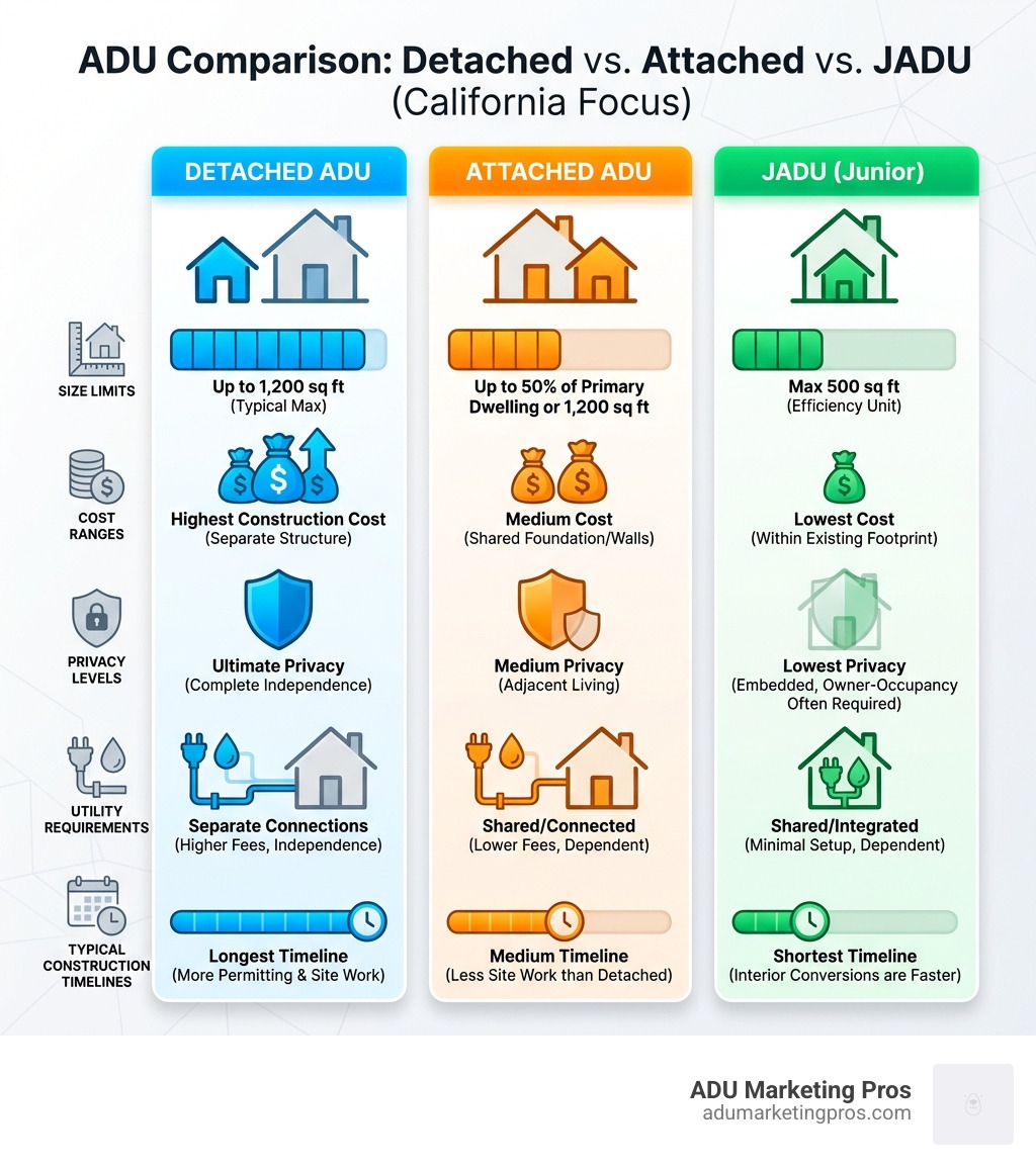 Infographic showing the complete comparison of Detached ADUs versus Attached ADUs and JADUs, including size limits, cost ranges, privacy levels, utility requirements, and typical construction timelines for each type - Detached ADU construction infographic 