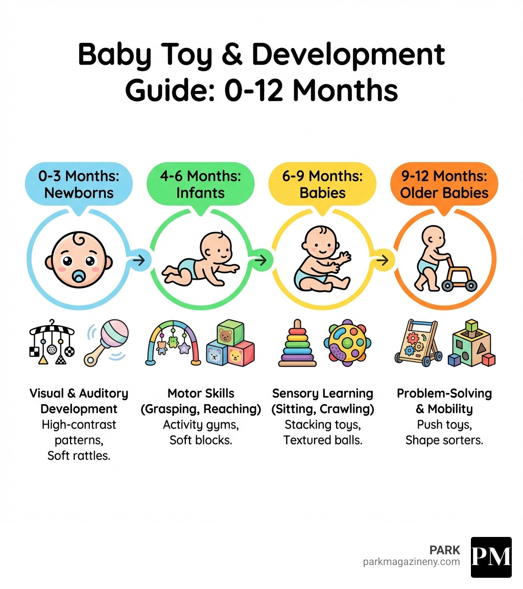 infographic showing developmental milestones from 0-12 months with recommended toy types: newborns (0-3 months) benefit from high-contrast patterns and soft rattles for visual and auditory development; infants (4-6 months) need activity gyms and soft blocks for motor skills; babies (6-9 months) explore with stacking toys and textured balls for sensory learning; older babies (9-12 months) use push toys and shape sorters for problem-solving and mobility - baby toys infographic infographic showing developmental milestones from 0-12 months with recommended toy types: newborns (0-3 months) benefit from high-contrast patterns and soft rattles for visual and auditory development; infants (4-6 months) need activity gyms and soft blocks for motor skills; babies (6-9 months) explore with stacking toys and textured balls for sensory learning; older babies (9-12 months) use push toys and shape sorters for problem-solving and mobility - baby toys infographic
