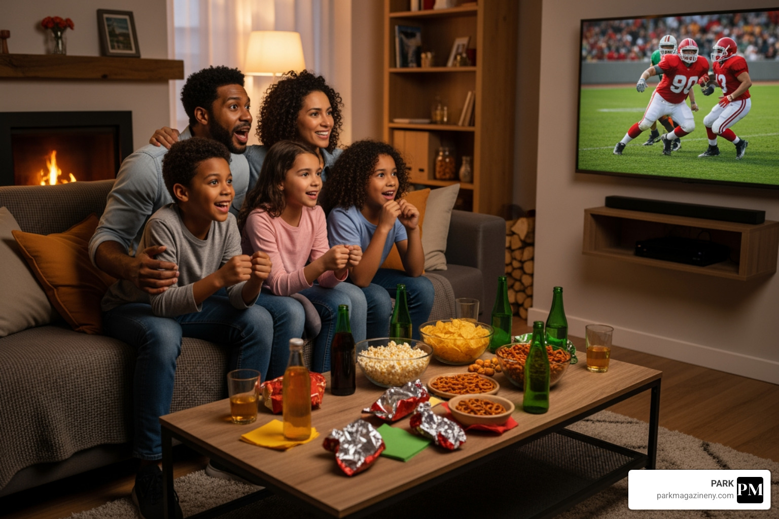 Family watching Super Bowl on TV at home - what time is the super bow
