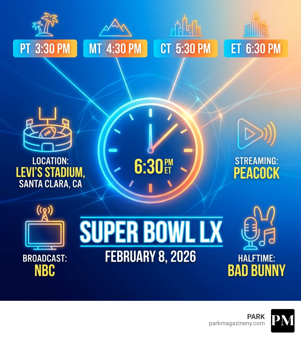 Infographic showing Super Bowl LX date February 8 2026, kickoff time 6:30 PM ET across all time zones, location Levi's Stadium Santa Clara California, broadcast on NBC, streaming on Peacock, and halftime performer Bad Bunny - what time is the super bow infographic 
