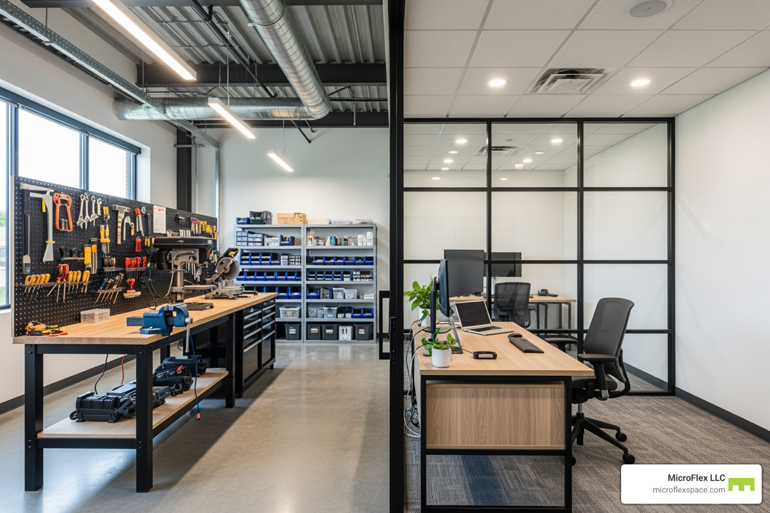 Image of a clean, well-lit MicroFlex space configured as a workshop and office - storage buildings birmingham al Image of a clean, well-lit MicroFlex space configured as a workshop and office - storage buildings birmingham al