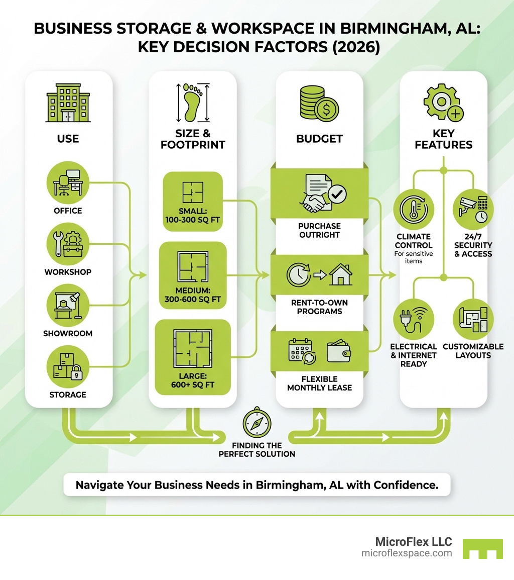 Infographic showing key decision factors for business storage and workspace in Birmingham: USE (Office, Workshop, Showroom, Storage), SIZE & FOOTPRINT (Small 100-300 sq ft, Medium 300-600 sq ft, Large 600+ sq ft), BUDGET (Purchase Outright, Rent-to-Own Programs, Flexible Monthly Lease), and KEY FEATURES (Climate Control for sensitive items, 24/7 Security & Access, Electrical & Internet Ready, Customizable Layouts) - storage buildings birmingham al infographic Infographic showing key decision factors for business storage and workspace in Birmingham: USE (Office, Workshop, Showroom, Storage), SIZE & FOOTPRINT (Small 100-300 sq ft, Medium 300-600 sq ft, Large 600+ sq ft), BUDGET (Purchase Outright, Rent-to-Own Programs, Flexible Monthly Lease), and KEY FEATURES (Climate Control for sensitive items, 24/7 Security & Access, Electrical & Internet Ready, Customizable Layouts) - storage buildings birmingham al infographic