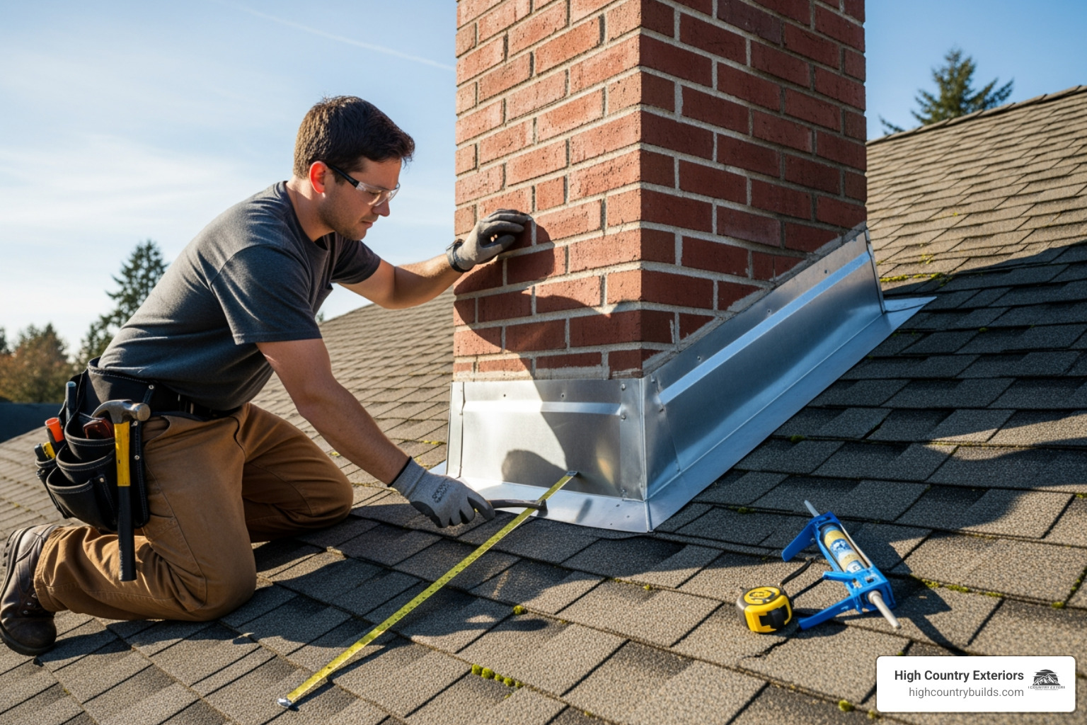 professional roofer examining roof flashing around a chimney - roof leak inspection near me