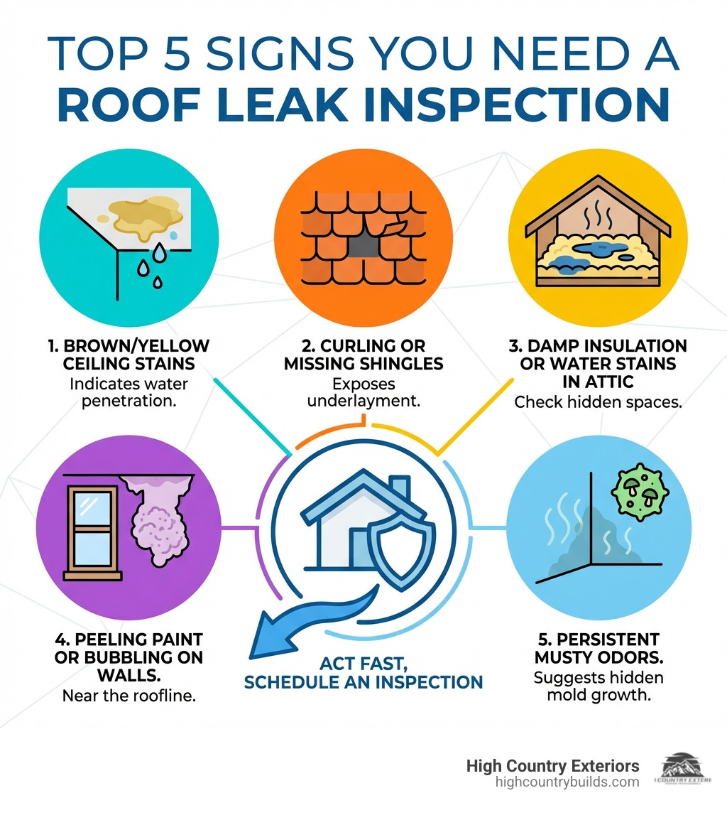 Infographic showing the top 5 signs you need a roof leak inspection: brown or yellow ceiling stains indicating water penetration, curling or missing shingles exposing underlayment, damp insulation or water stains in attic spaces, peeling paint or bubbling on walls near the roofline, and persistent musty odors suggesting hidden mold growth - roof leak inspection near me infographic 