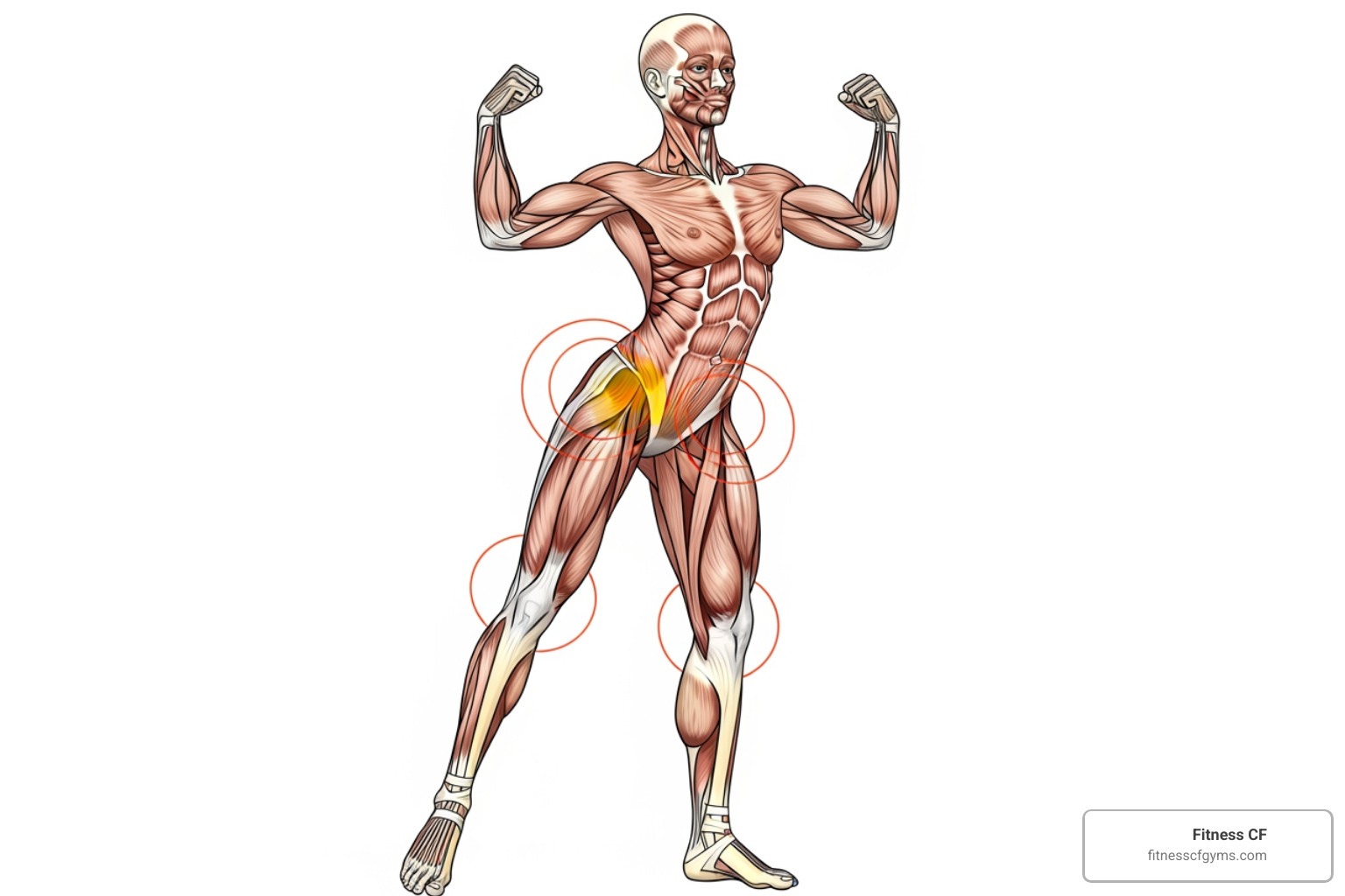 Anatomical illustration highlighting the primary muscles worked in a barre conditioning class: glutes, hamstrings, quadriceps, core abdominal muscles, and arm muscles (biceps, triceps, shoulders) - barre conditioning class