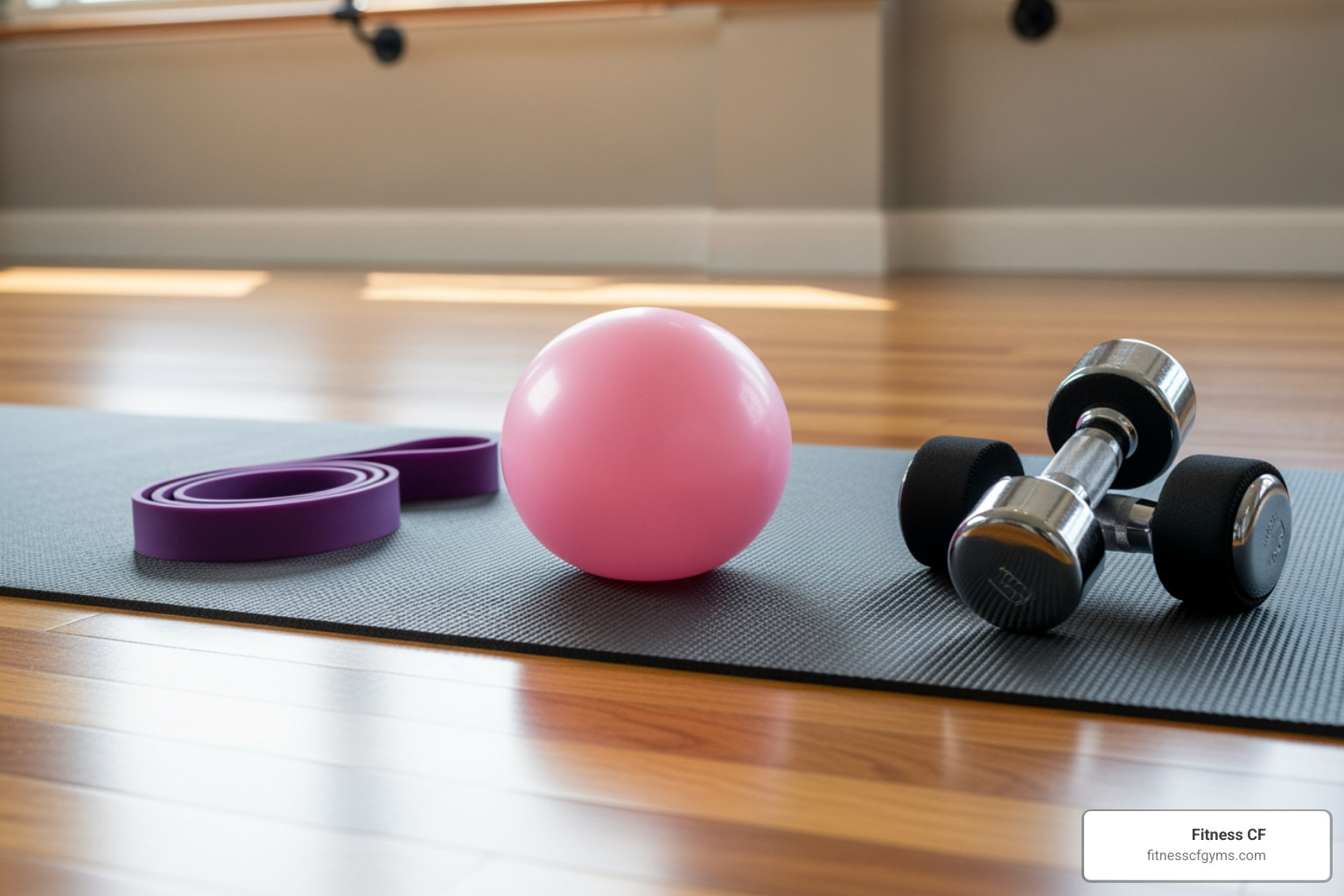 Various barre props arranged neatly on a yoga mat, including a small inflatable exercise ball, a pair of light dumbbells (2-3 lbs), and a loop resistance band, all ready for a barre conditioning class - barre conditioning class