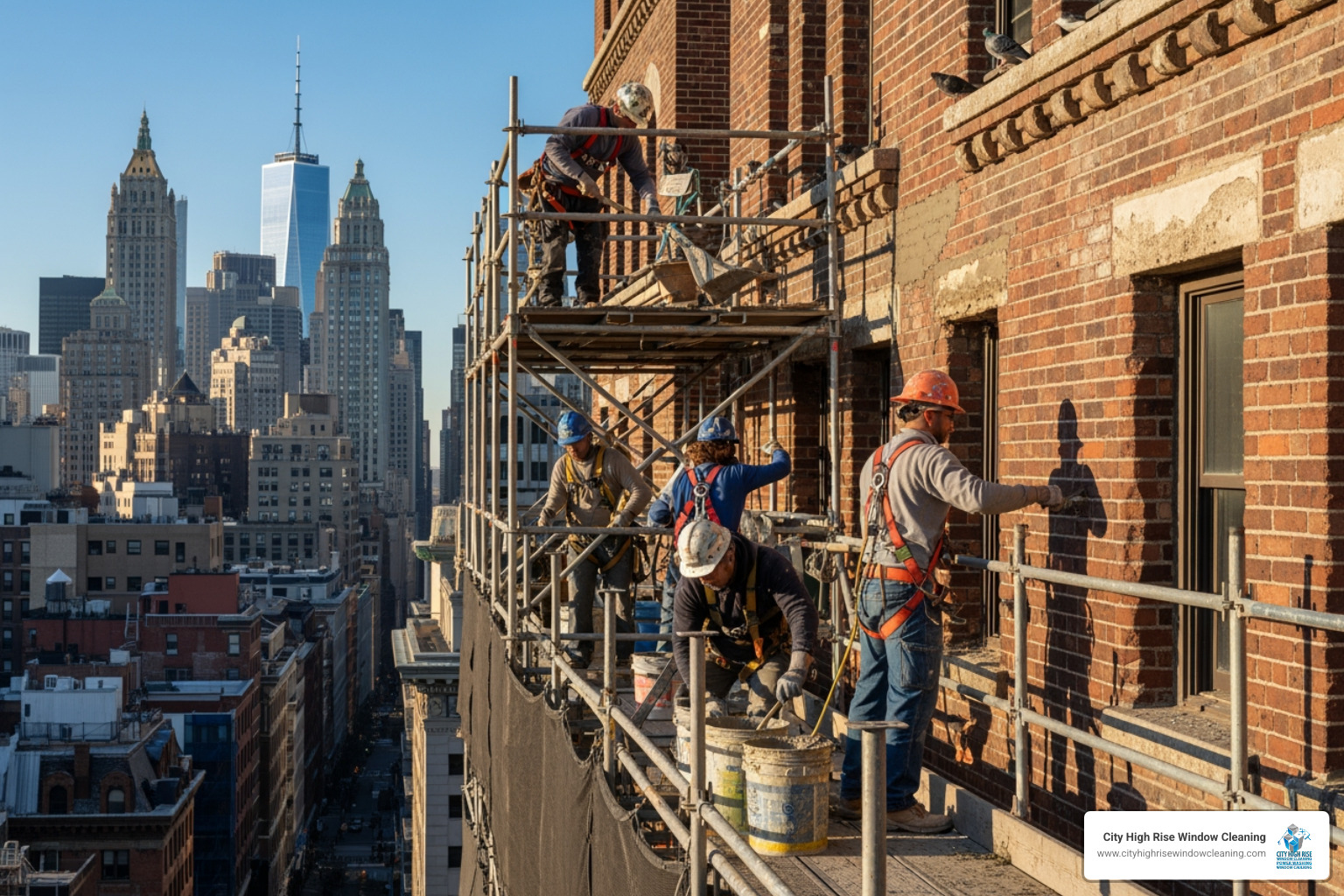Professionals performing masonry repointing on a scaffold in New York City - Building facade repair Professionals performing masonry repointing on a scaffold in New York City - Building facade repair