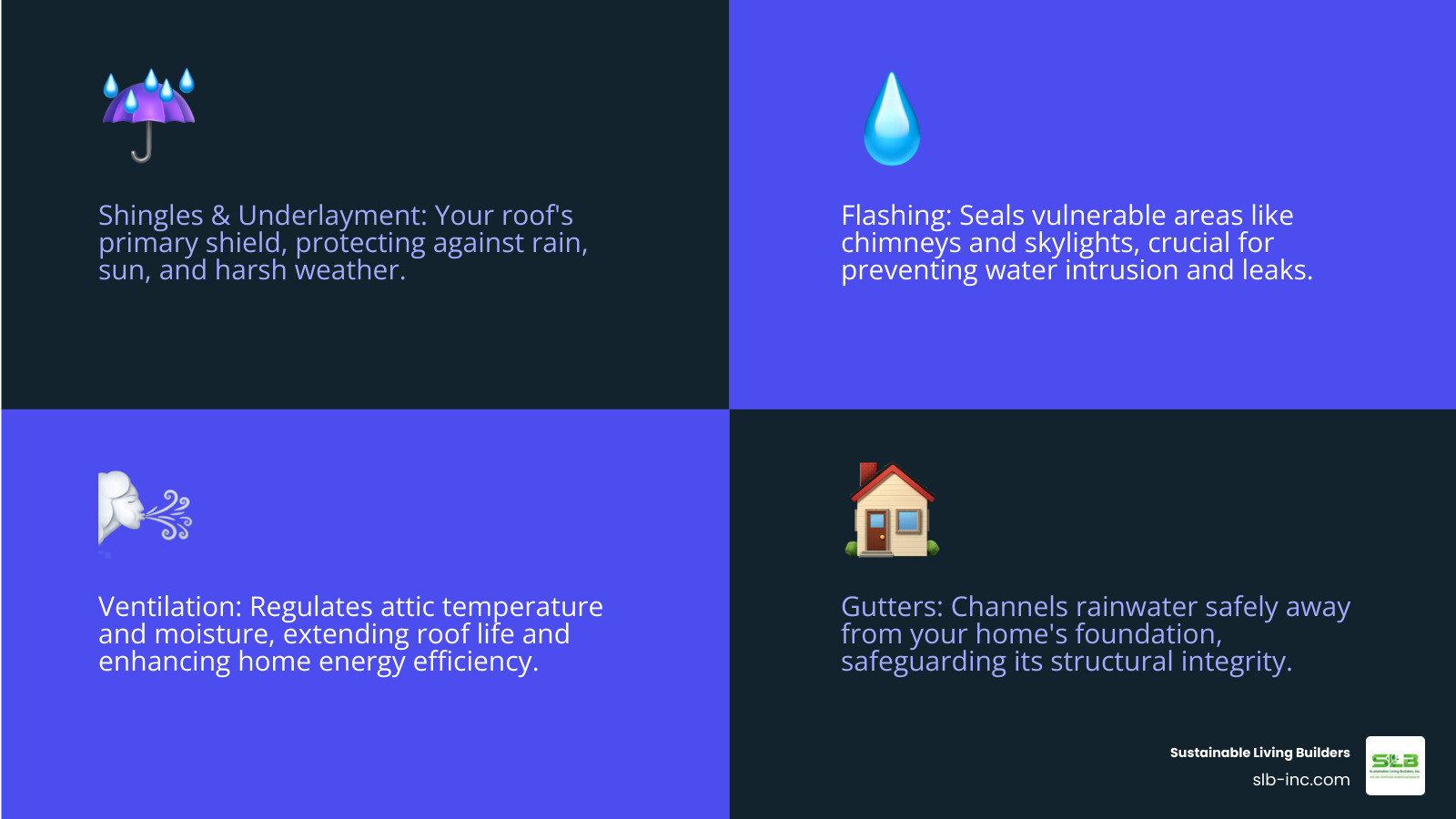 Infographic showing the key components of a complete roofing system including shingles, underlayment, decking, flashing, ventilation, and gutters, with labels explaining how each part protects your Forestville home from weather damage and improves energy efficiency - professional roofing service in forestville ca infographic 4_facts_emoji_blue Infographic showing the key components of a complete roofing system including shingles, underlayment, decking, flashing, ventilation, and gutters, with labels explaining how each part protects your Forestville home from weather damage and improves energy efficiency - professional roofing service in forestville ca infographic 4_facts_emoji_blue