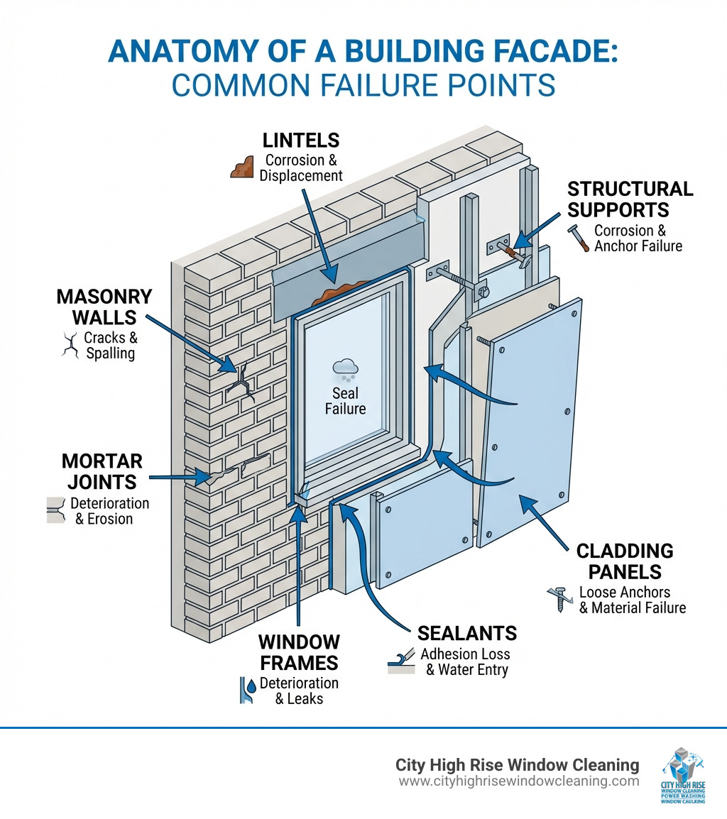 Infographic showing the anatomy of a building facade including masonry walls, mortar joints, window frames, sealants, lintels, cladding panels, and structural supports with labels indicating common failure points - Building facade repair infographic Infographic showing the anatomy of a building facade including masonry walls, mortar joints, window frames, sealants, lintels, cladding panels, and structural supports with labels indicating common failure points - Building facade repair infographic