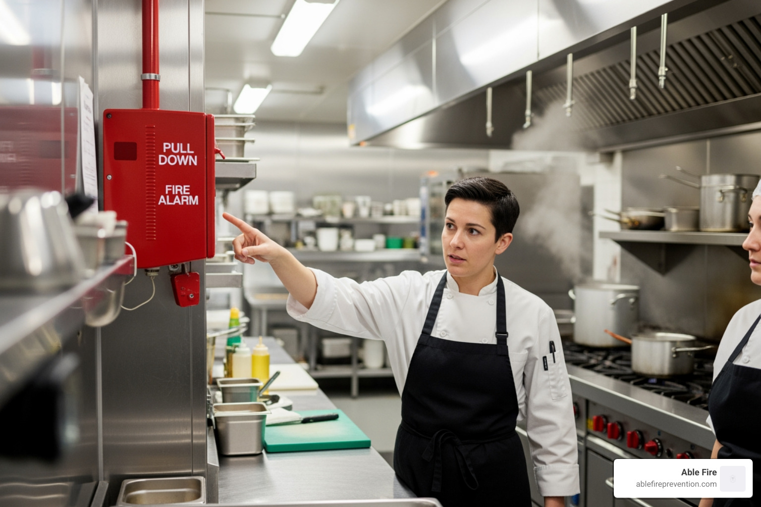 A kitchen staff member pointing to a red manual pull station for a fire suppression system, emphasizing the importance of staff training. - restaurant suppression systems