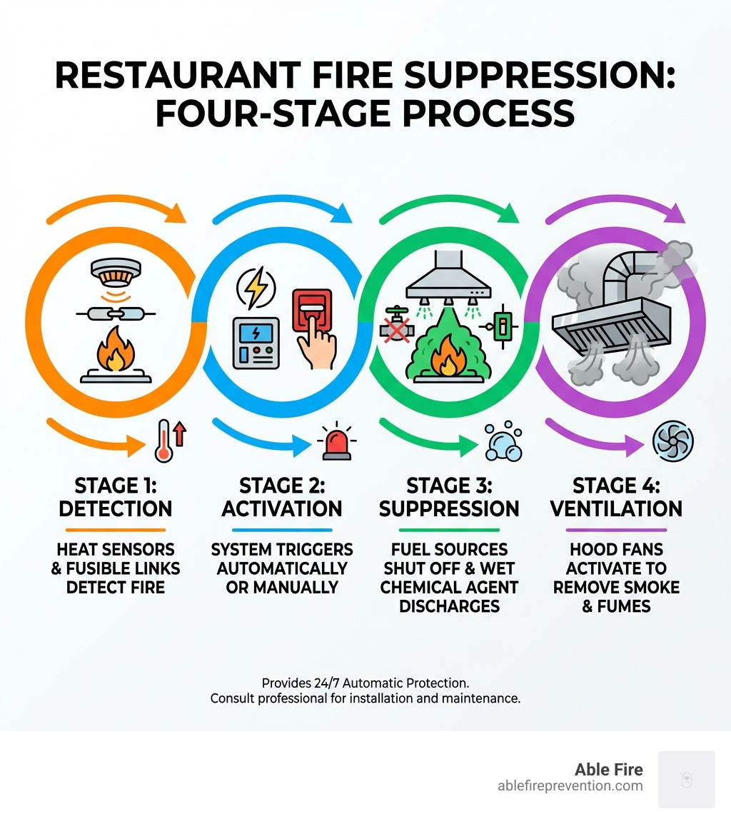Infographic showing the four-stage process of restaurant fire suppression: Stage 1 - Detection (heat sensors and fusible links detect fire), Stage 2 - Activation (system triggers automatically or manually), Stage 3 - Suppression (fuel sources shut off and wet chemical agent discharges through nozzles), Stage 4 - Ventilation (hood fans activate to remove smoke and fumes) - restaurant suppression systems infographic 