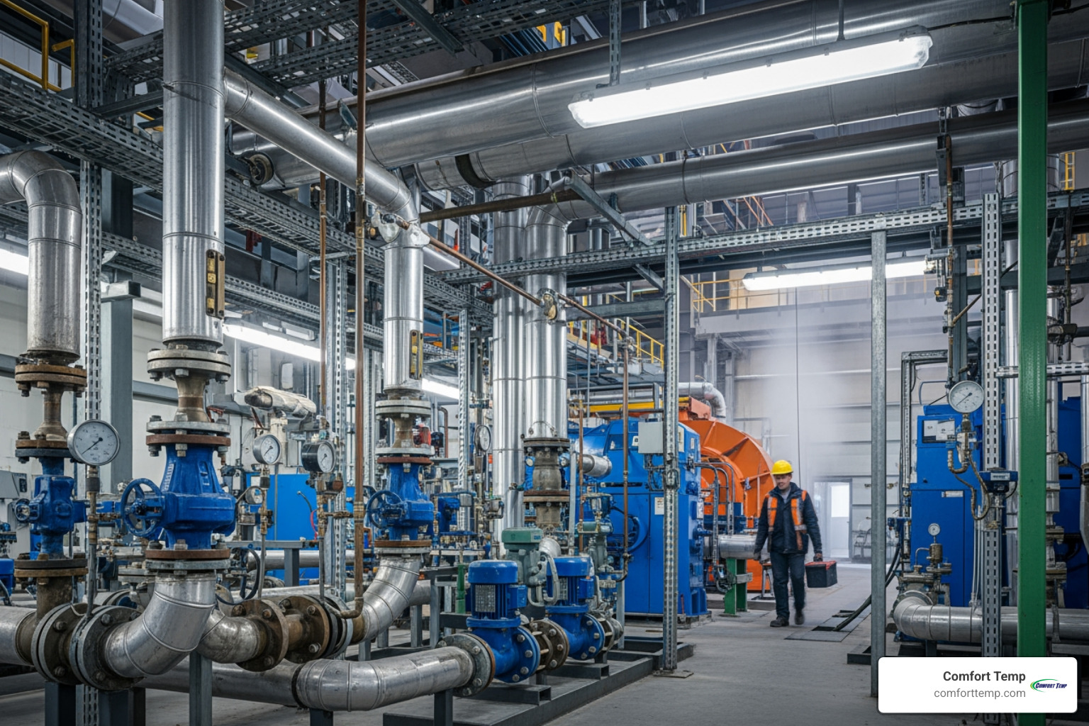 technician in a blue uniform inspecting large-diameter stainless steel pipes in a manufacturing plant - industrial plumbing services technician in a blue uniform inspecting large-diameter stainless steel pipes in a manufacturing plant - industrial plumbing services