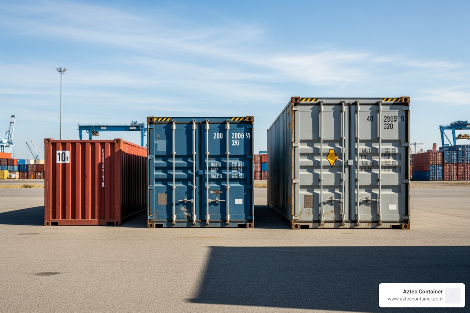 Lineup of 10ft, 20ft, and 40ft shipping containers for size comparison - container rental