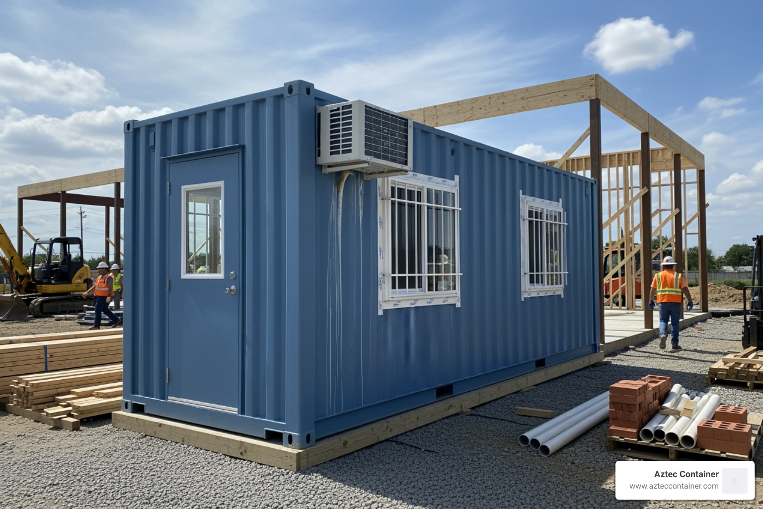 Customized container being used as a temporary site office - container rental